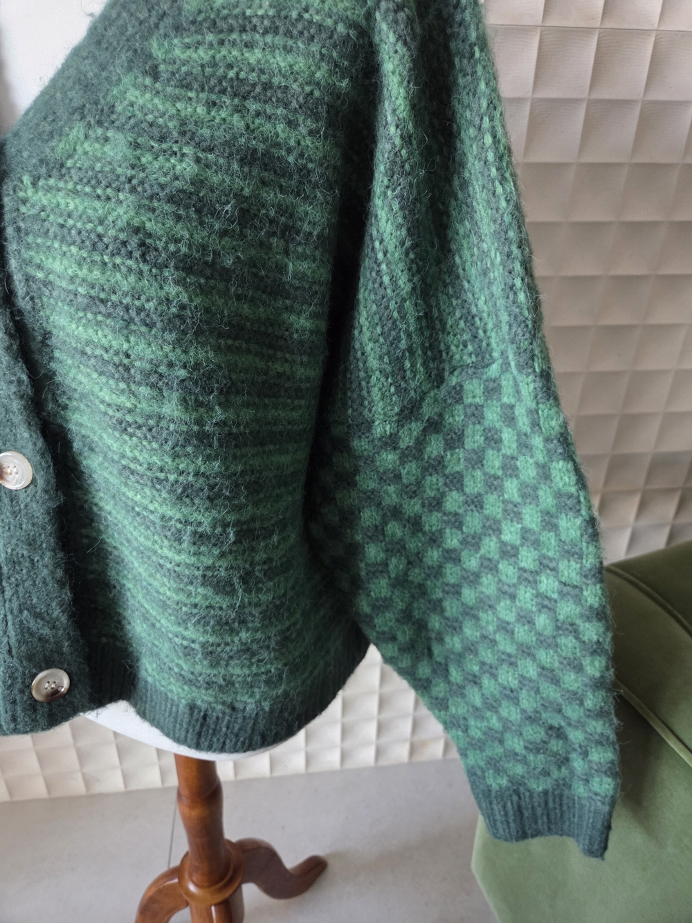 RAGA Anthropologie Emerald City Cardigan Green Vneck Button Checkered Stripes 1X - Picture 6 of 8